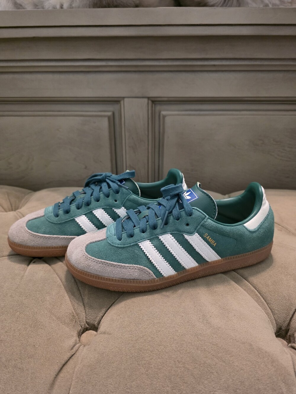 Adidas Samba Green Suede Sneakers with White Stripes